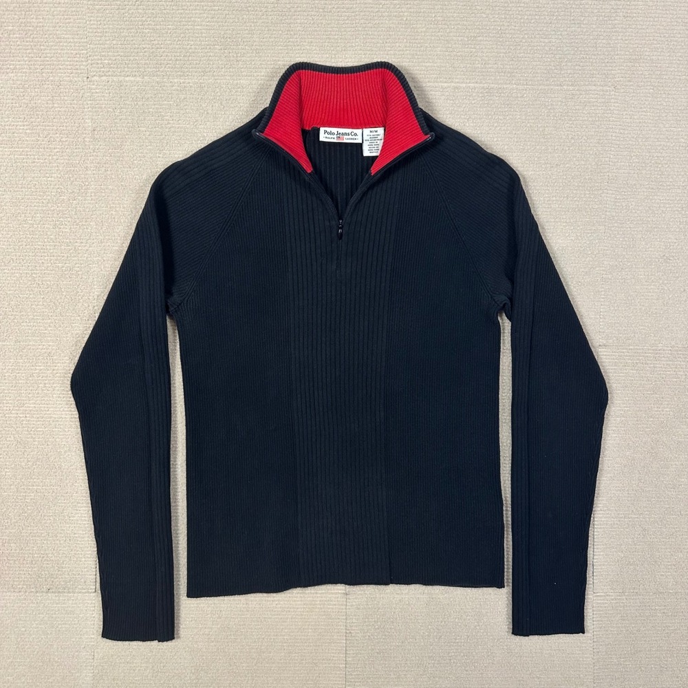 Vintage Polo Jeans Co Ralph Lauren 1/4 Zip Sweater Kids M Black Ribbed Knit